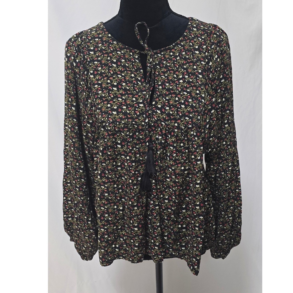 Denim & Supply Ralph Lauren women S/P black floral peasant shirt balloon sleeve